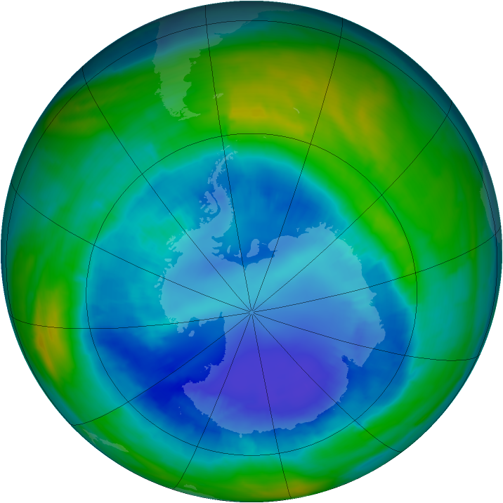 Antarctic ozone map for 31 August 2015